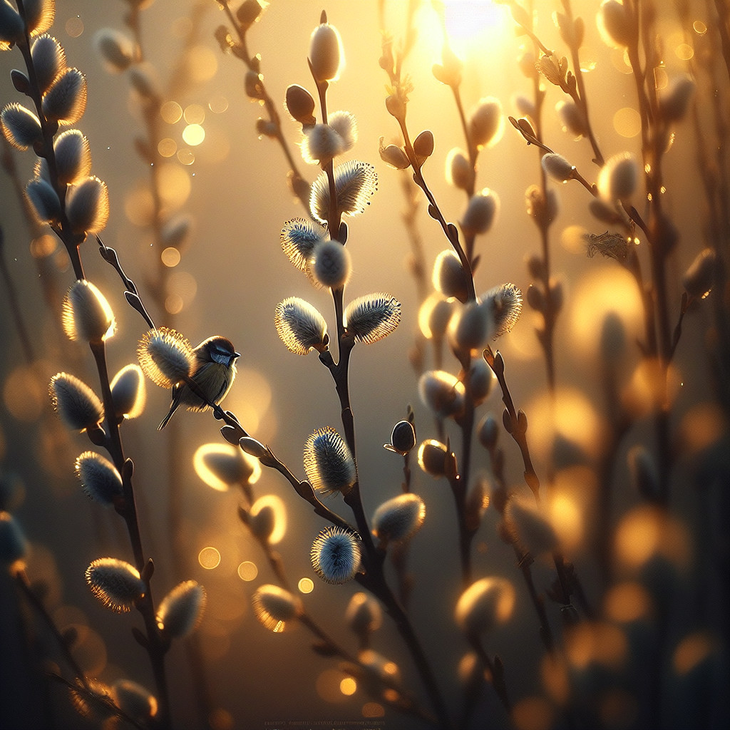 Small bird on branch with spring buds and sunlight
