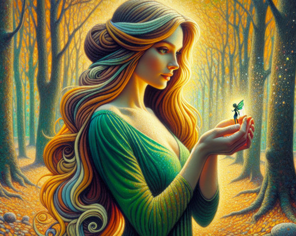 Woman in Green Gown Holding a Tiny Sprout in Forest