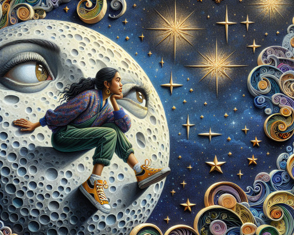 Surreal Scene of Woman on Crescent Moon with Stars