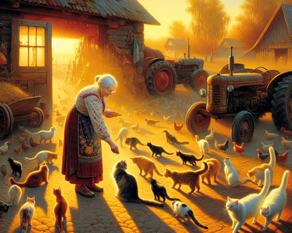 Elderly Woman Feeds Cats and Chickens in Rural Setting