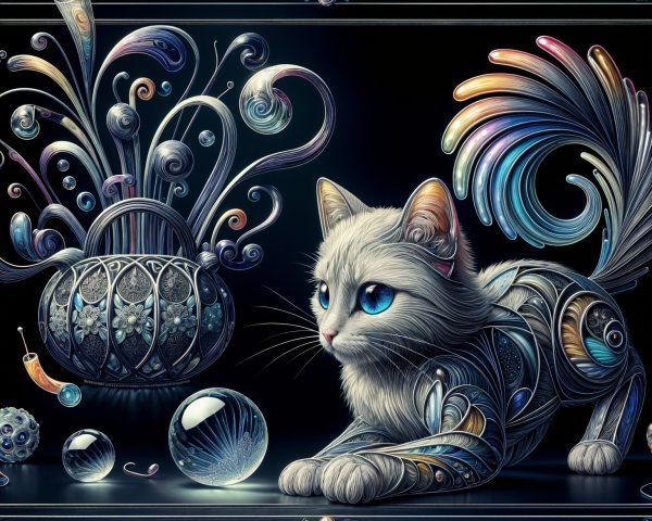 Fluffy White Cat with Colorful Patterns and Vase