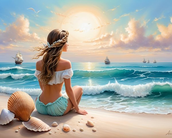 Serene Beach Scene with Young Woman at Sunset