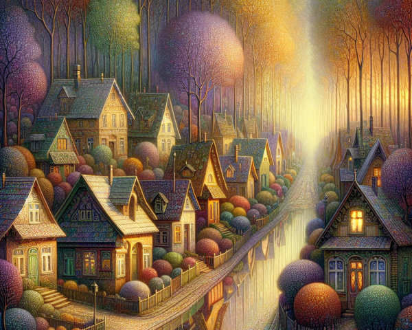 Whimsical Village in a Colorful Forest Setting