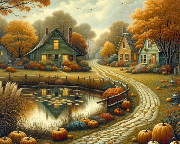 Autumn Scene with Cottages and Colorful Foliage