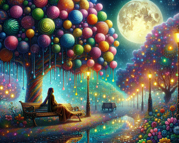 Serene Night Scene with Colorful Tree and Moonlight