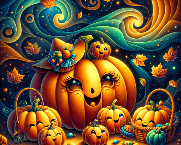 Cheerful Pumpkins in a Colorful Autumn Scene