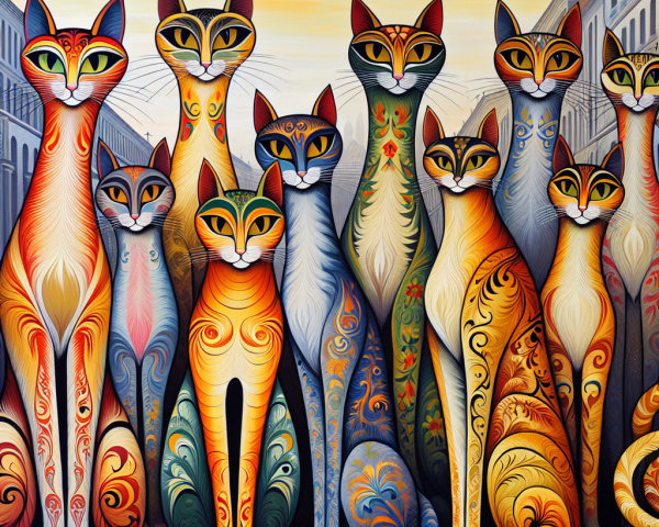 Stylized Cats in a Colorful Cityscape Gathering