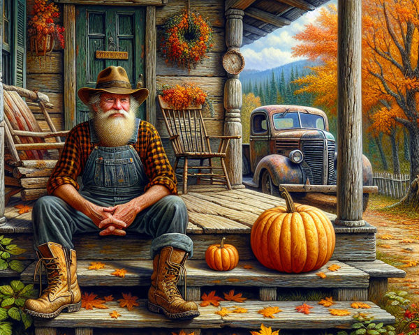 Rugged Man on Cabin Steps Surrounded by Autumn Decor