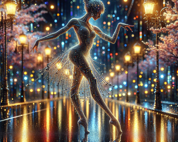 Futuristic Dance Scene on Rain-Soaked Street