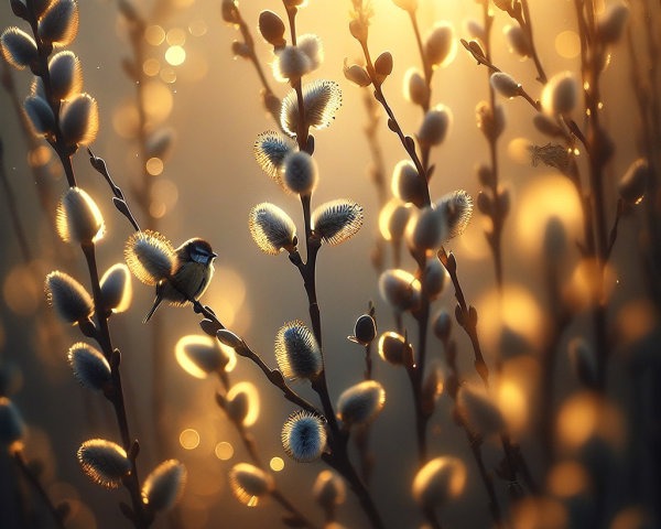 Small bird on branch with spring buds and sunlight
