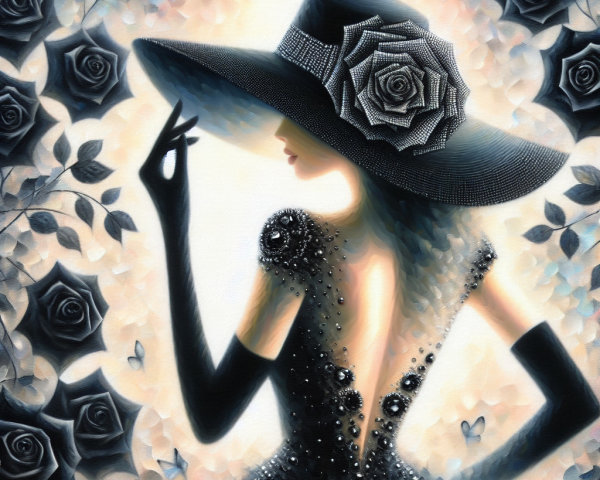 Elegant Woman in Black Gown with Roses and Butterflies