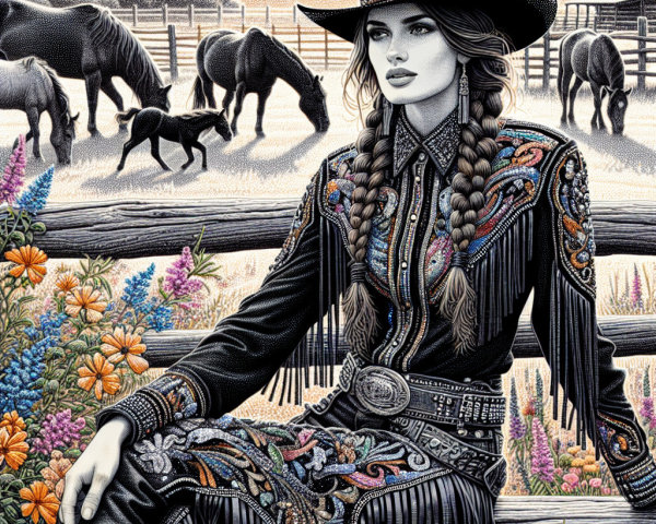 Woman in Embroidered Western Outfit by Horses and Flowers