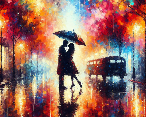 Impressionistic Couple Embracing in Rainy Street Scene