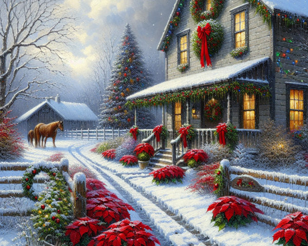 Cozy Winter Scene with Festive Decorations and Snow
