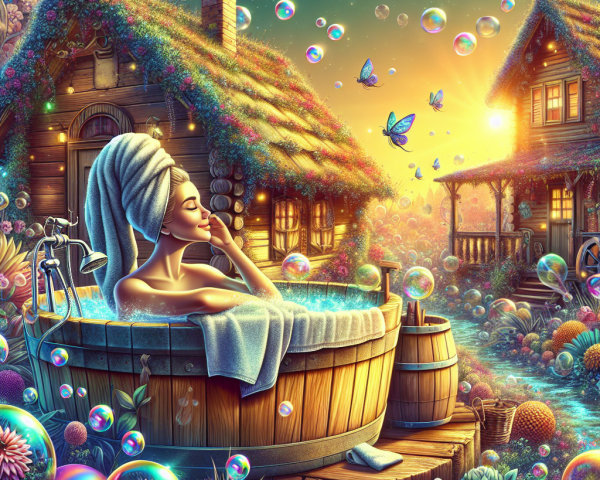 Serene Woman in Wooden Tub Amidst Vibrant Flowers