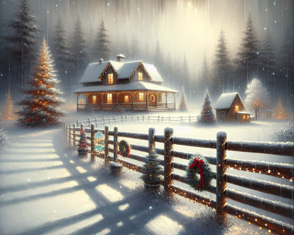 Cozy Cottage in Serene Winter Landscape with Decorations