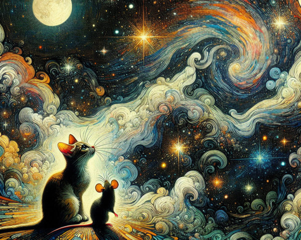 Whimsical Cats Under a Vibrant Night Sky
