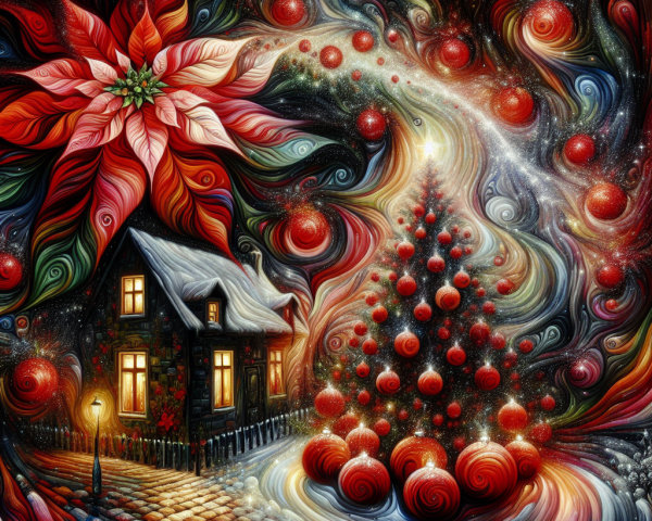 Whimsical Winter Scene with Cozy House and Christmas Tree