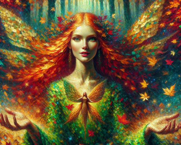Mystical woman with red hair in vibrant forest scene