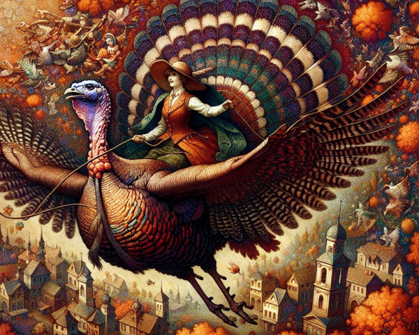 Woman Riding Colorful Turkey Over Idyllic Town Scene