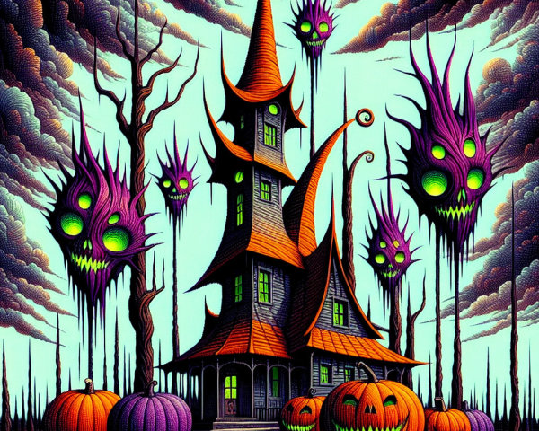 Whimsical Haunted House with Eerie Halloween Elements