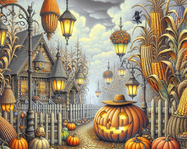 Whimsical Halloween Scene with Carved Pumpkins and House
