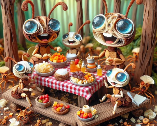 Cartoonish Ants at a Picnic Table in a Forest
