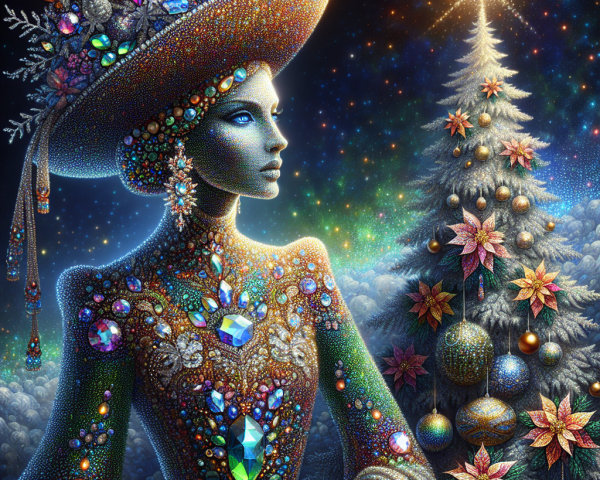 Gem-studded gown and Christmas tree in starry setting