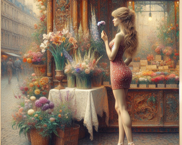 Woman in patterned dress at a flower shop scene