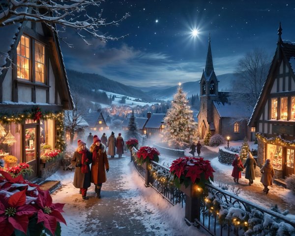 Magical Winter Village Scene with Snow and Lights