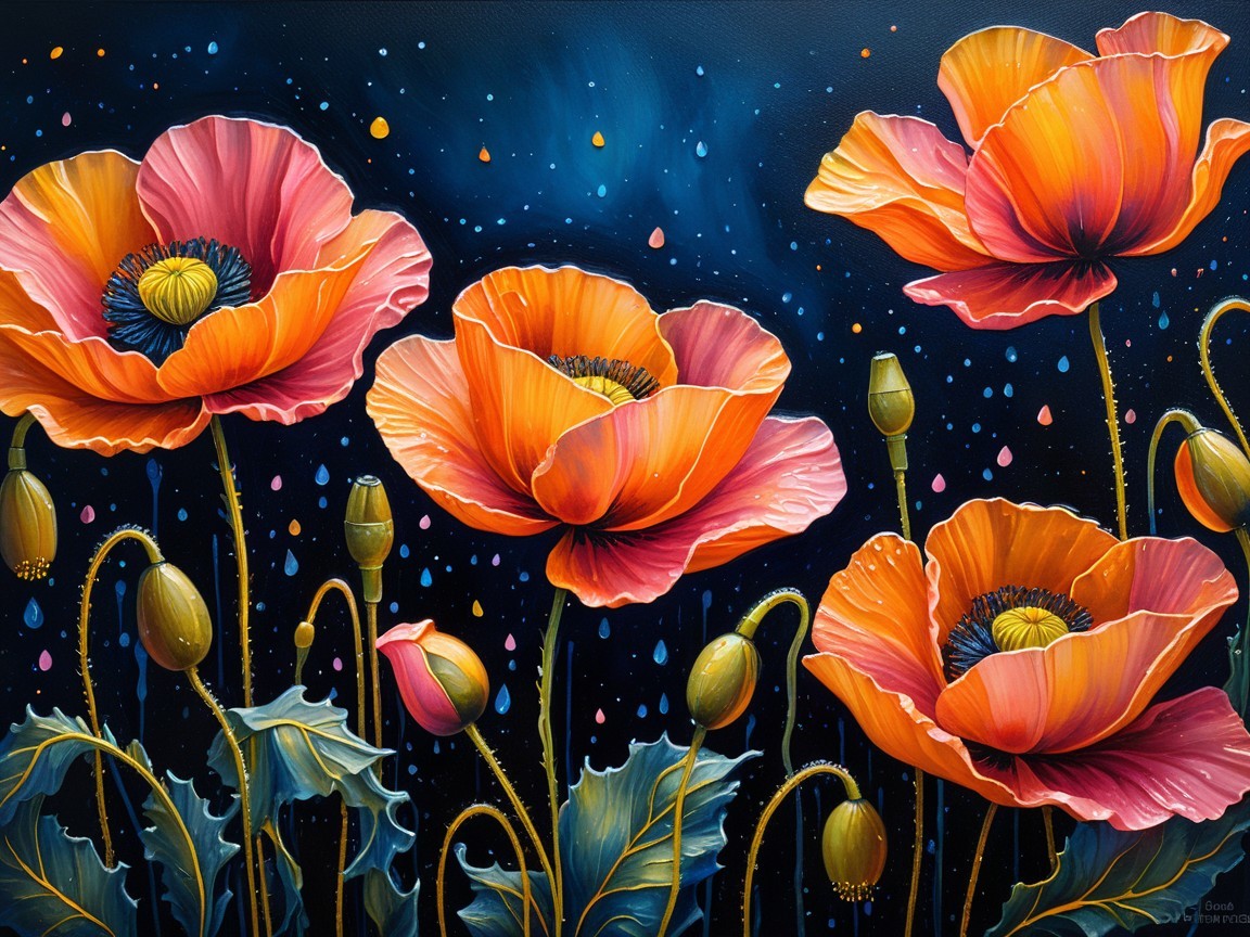 Vibrant Painting of Orange and Pink Poppies