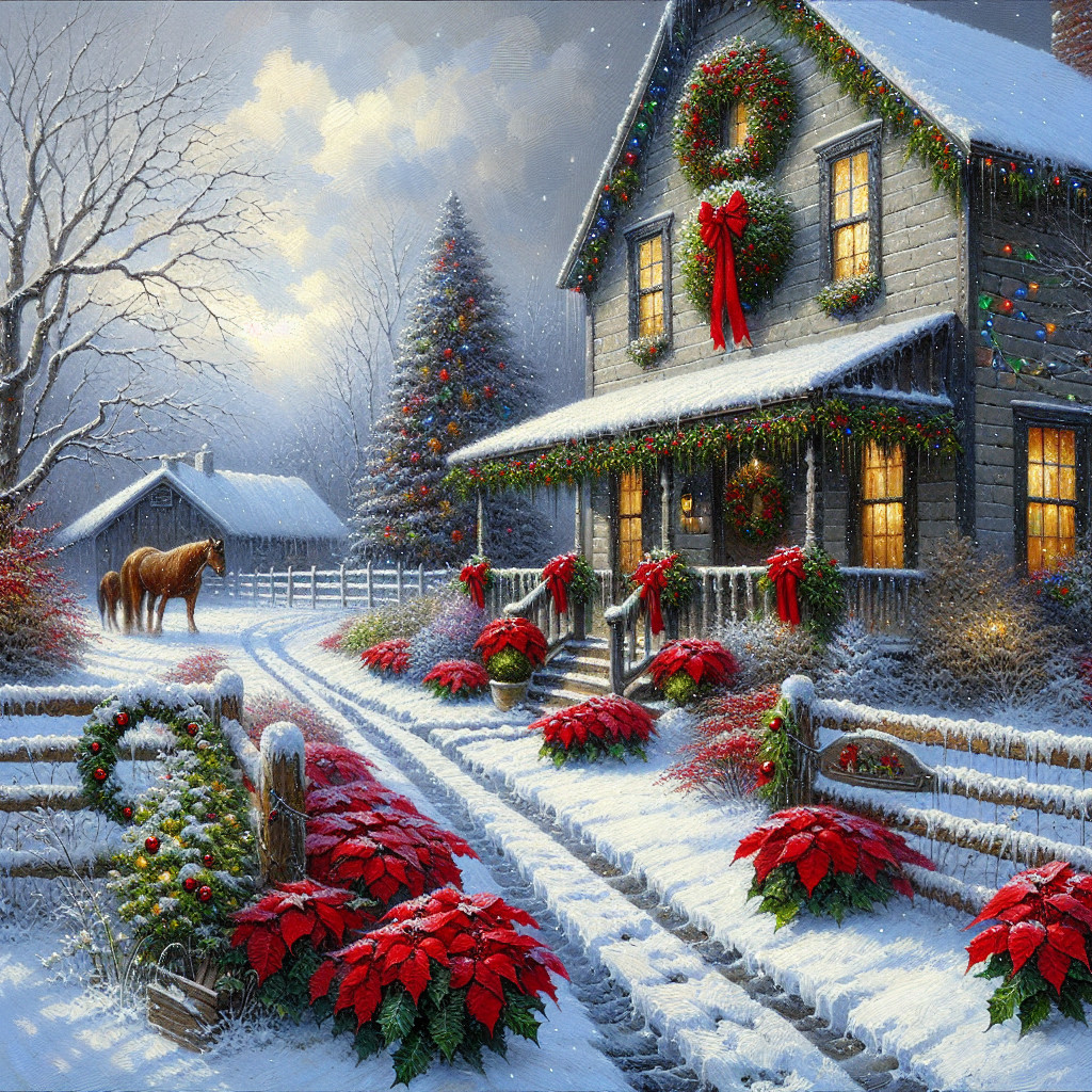 Cozy Winter Scene with Festive Decorations and Snow