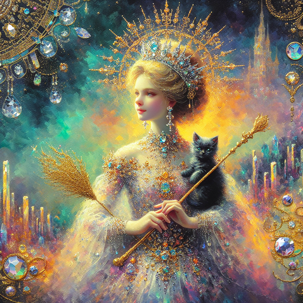 Regal figure in jeweled gown with magical background