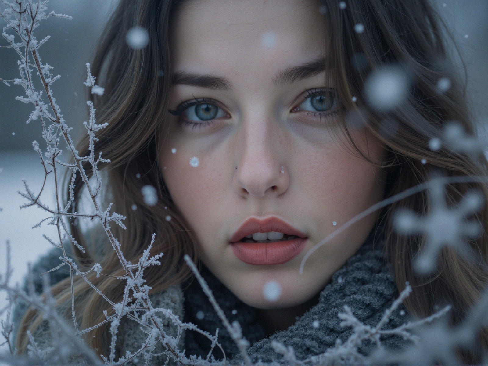 Close-Up Portrait of Woman in Winter Setting