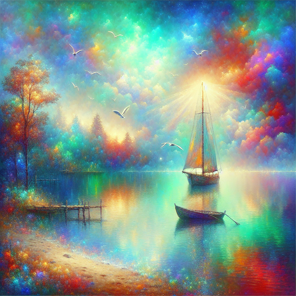 Vibrant Lake Scene with Sailboat and Colorful Sky