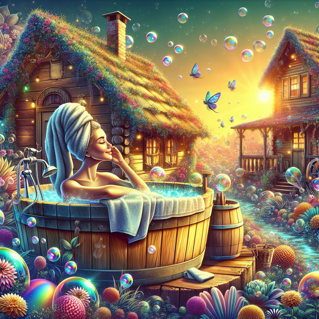Serene Woman in Wooden Tub Amidst Vibrant Flowers