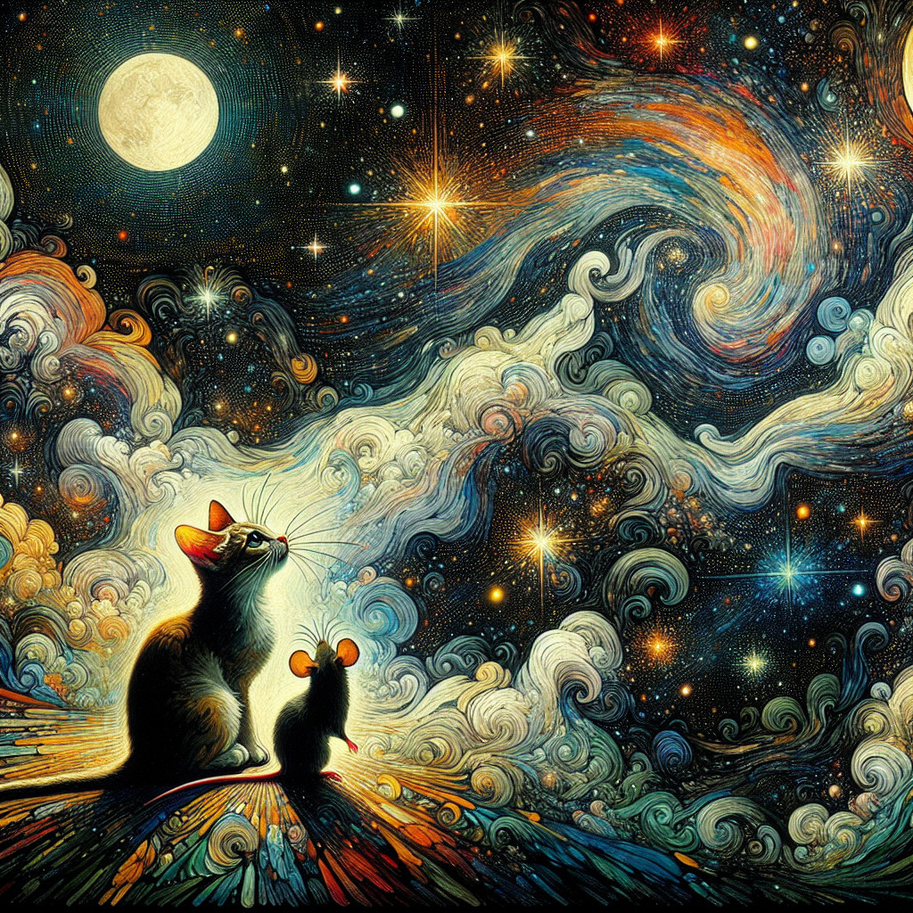 Whimsical Cats Under a Vibrant Night Sky