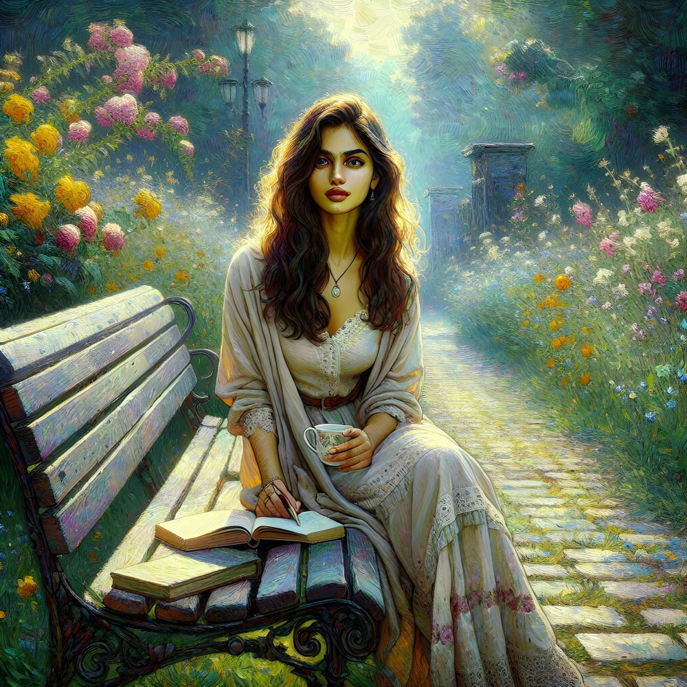 Young woman in garden with book and cup on bench