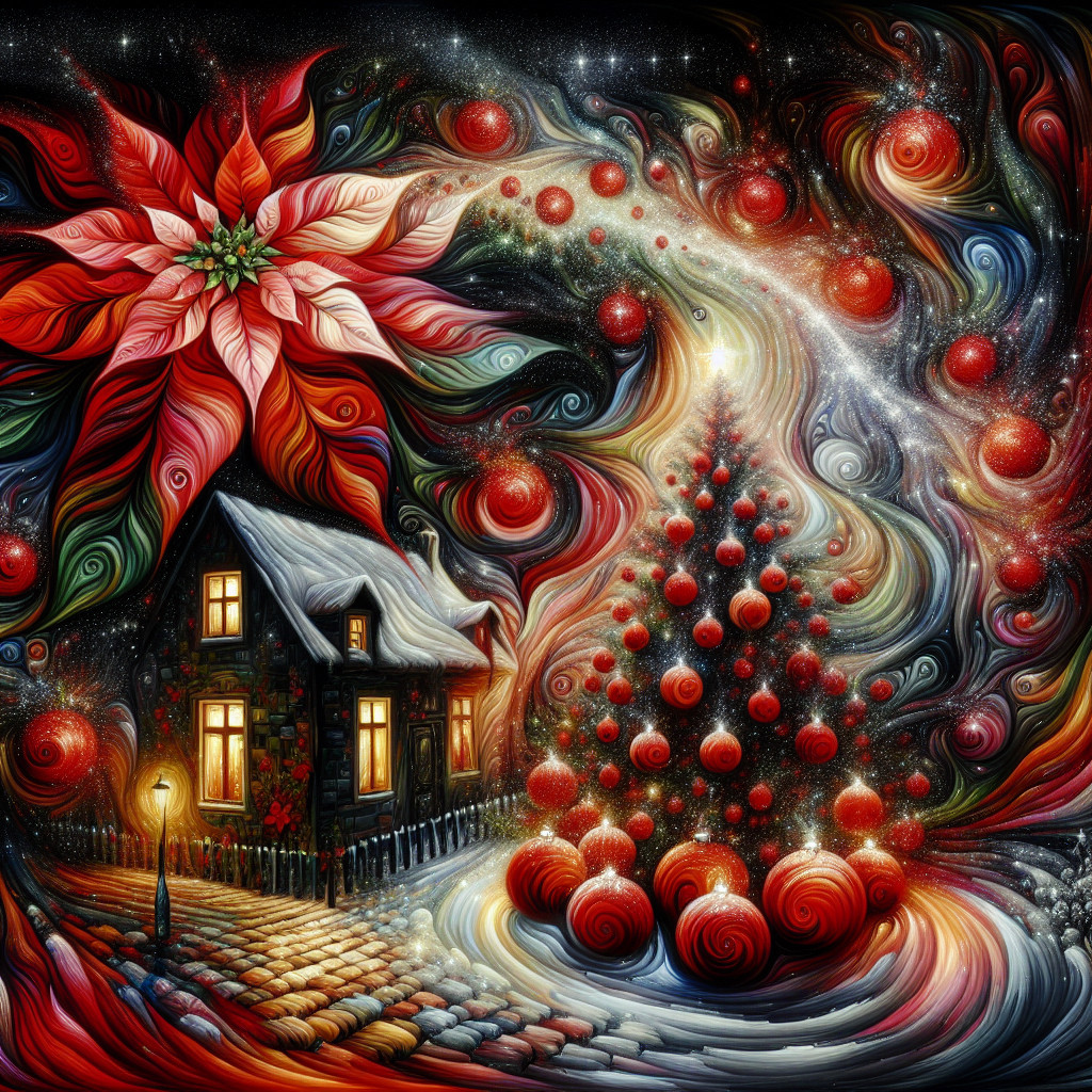 Whimsical Winter Scene with Cozy House and Christmas Tree