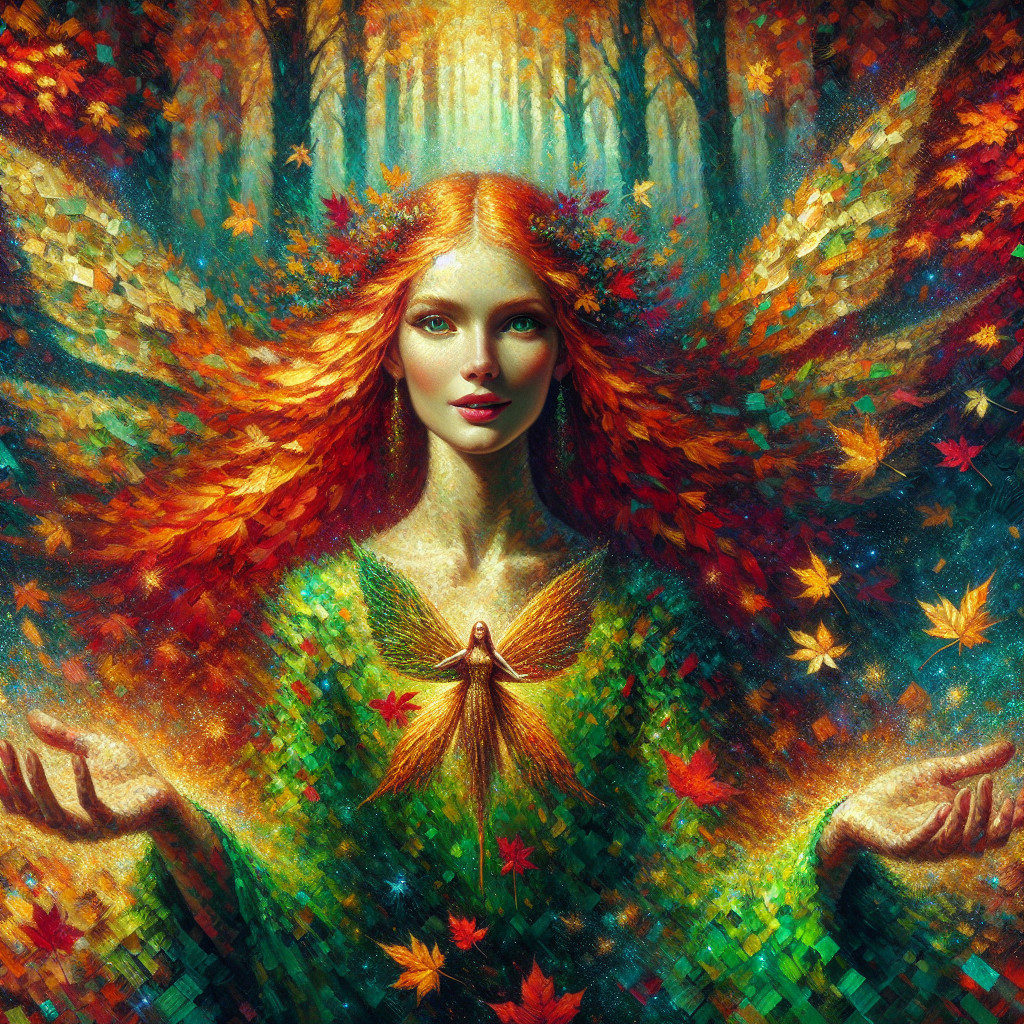 Mystical woman with red hair in vibrant forest scene