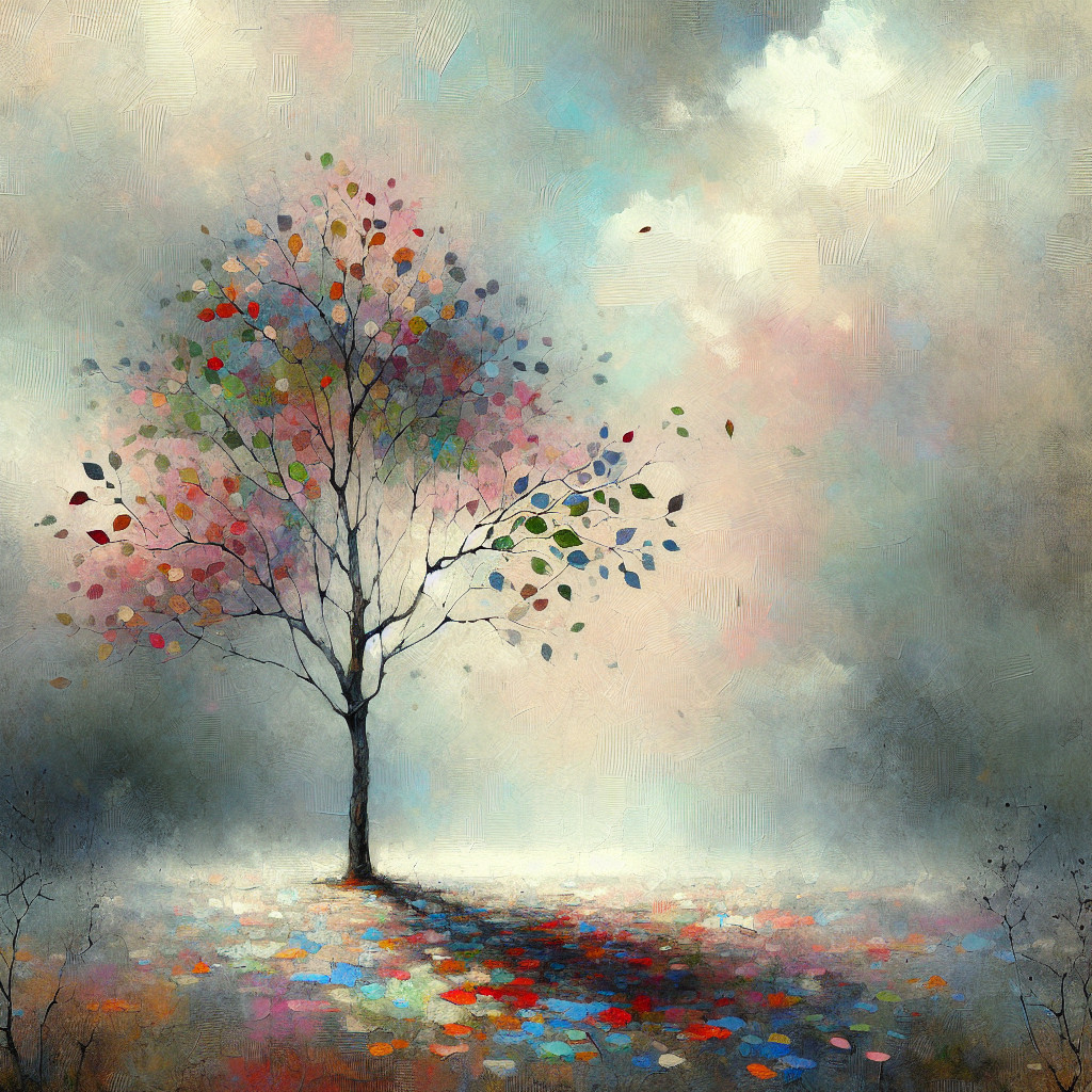 Solitary Tree with Colorful Leaves and Soft Sky