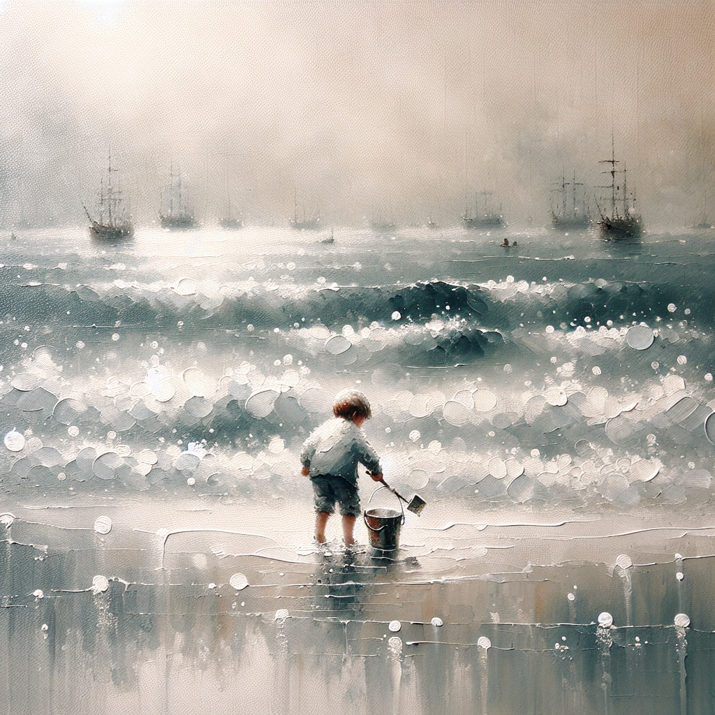 Coastal Scene with Child at Water's Edge and Ships