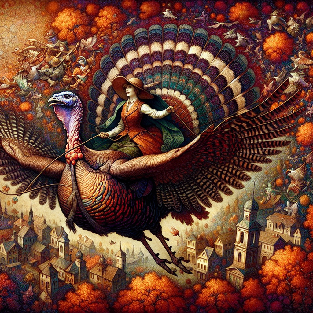 Woman Riding Colorful Turkey Over Idyllic Town Scene
