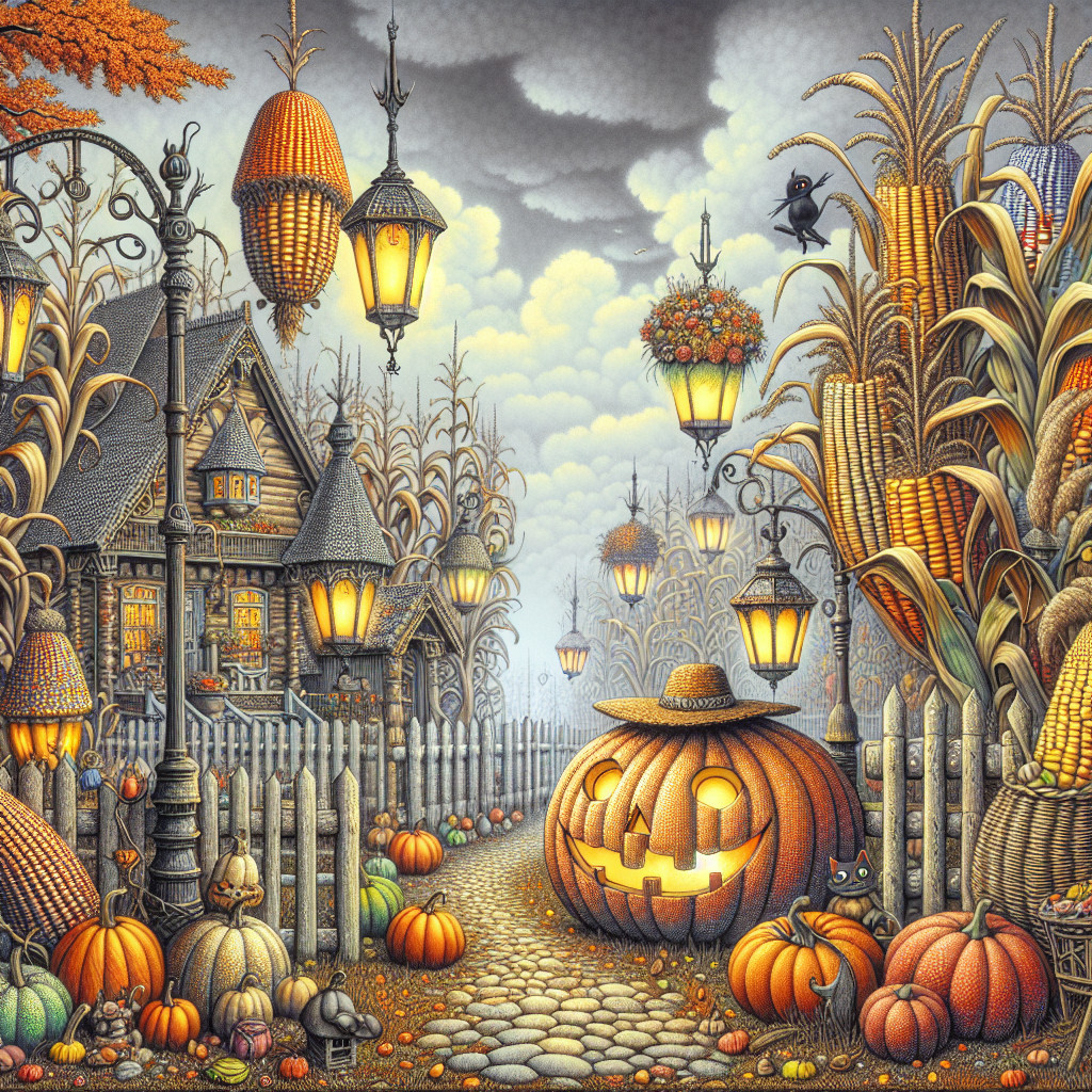 Whimsical Halloween Scene with Carved Pumpkins and House