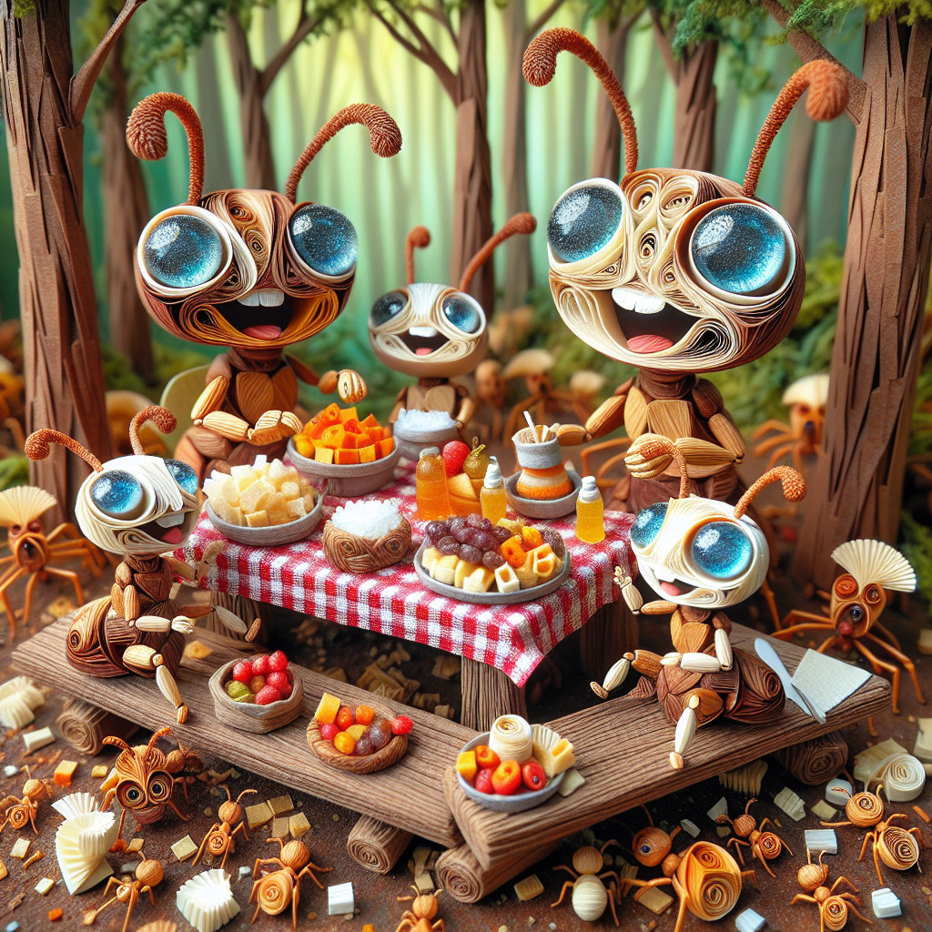Cartoonish Ants at a Picnic Table in a Forest