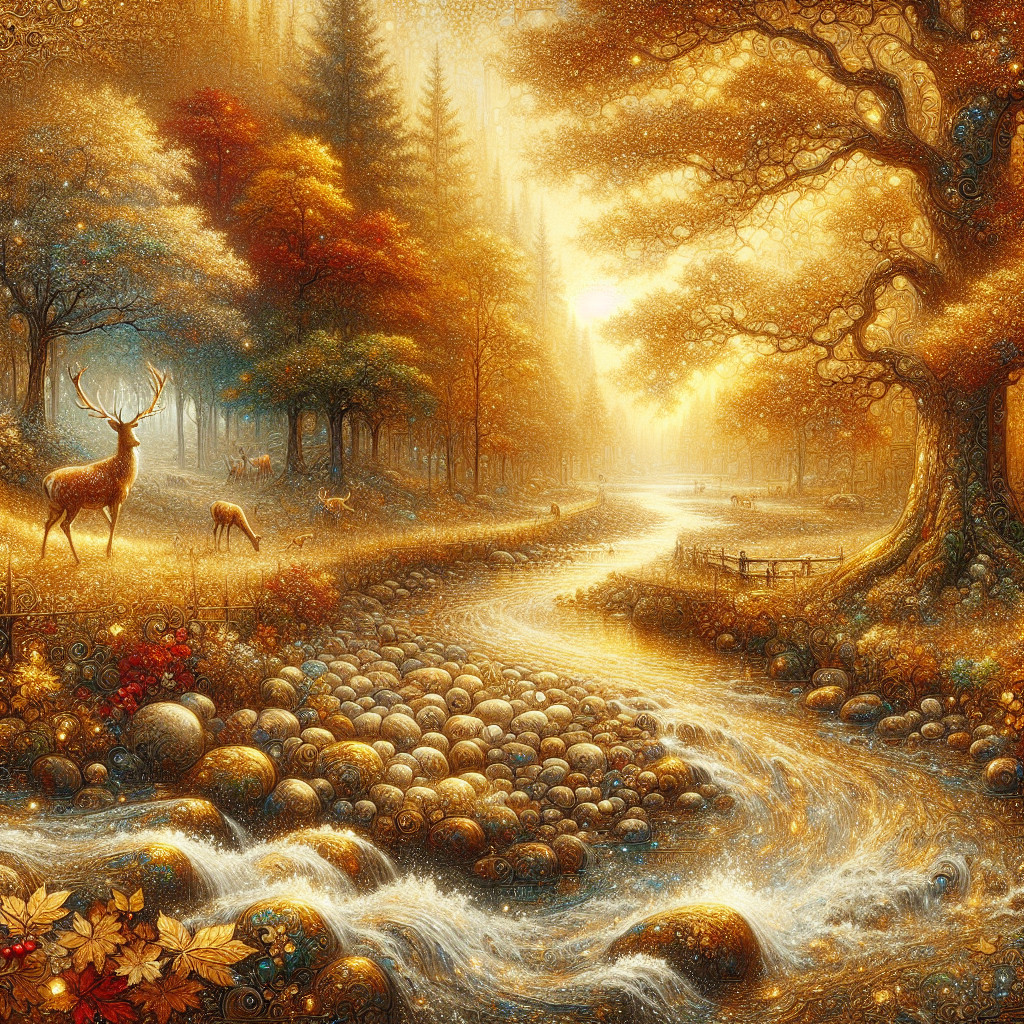 Serene autumn landscape with river and deer grazing