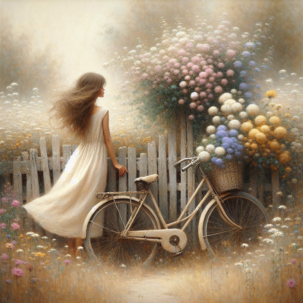 Young Woman in White Dress by Bicycle and Flowers