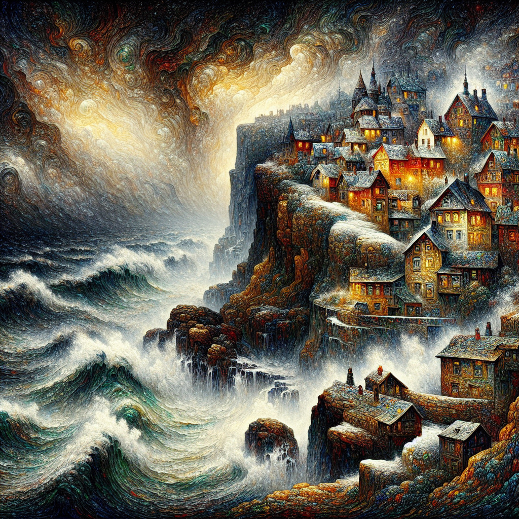 Dramatic Coastal Village on Rugged Cliffs with Waves