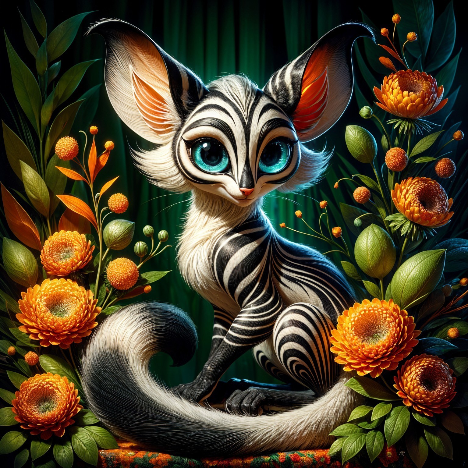 Whimsical Creature Among Vibrant Flowers and Foliage