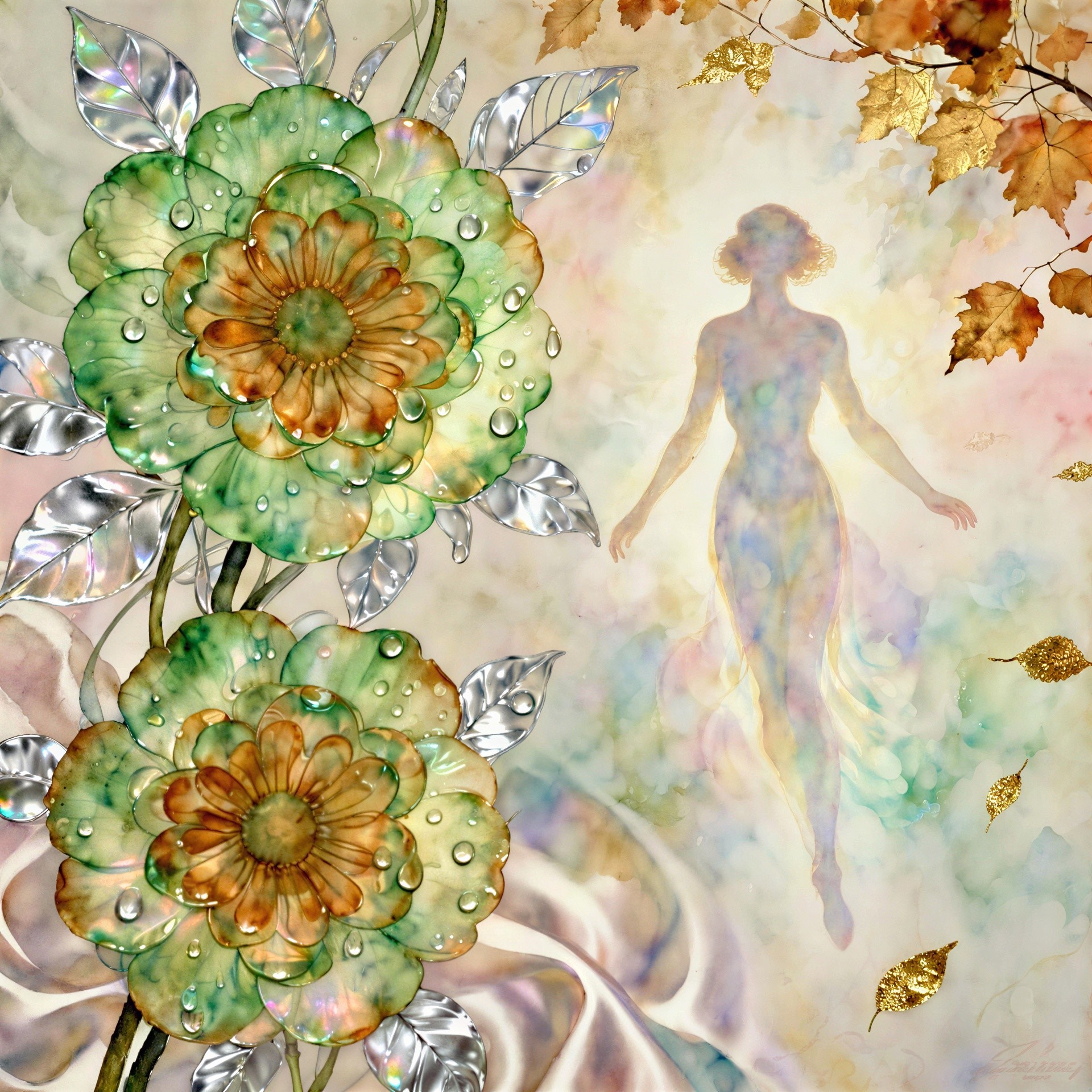 Intricate Dreamlike Painting with Pastel Flowers and Vines